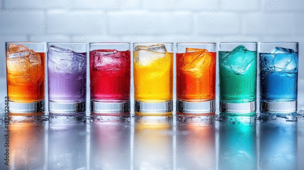 Poster an array of colorful drinks served in clear glasses filled with ice, showcasing a vibrant display pe