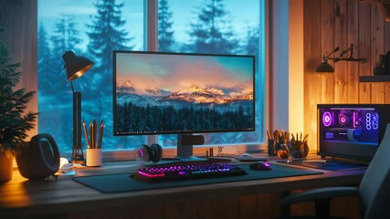 Cozy home workspace with dual monitors showcasing vibrant rgb keyboard and serene winter view - Powered by Adobe