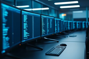 A modern workspace featuring multiple large monitors displaying code, with a keyboard and mouse on a sleek desk amid a dimly lit, high-tech environment.