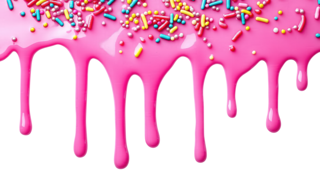 Pink Frosting Dripping with Colorful Sprinkles isolated on transparent white background, clipping path