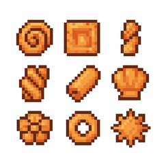Pastry Icon Grid. Pixel art icon set of pastry shapes: spiral, square, twist, braid, tube, shell, flower, ring, star. .