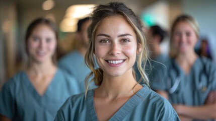 Fototapeta premium A confident young healthcare professional wearing scrubs stands in a hospital environment, radiating positivity and resilience, ready to face challenges in the medical field.