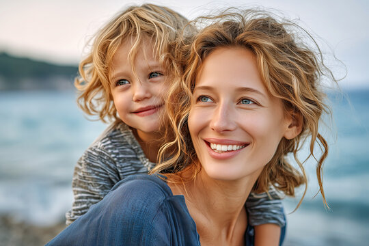 Portrait of a happy woman carrying her toddler on her shoulders, laughing and smiling at the beach in summer.