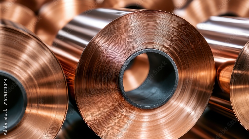 Aufkleber an array of rolled copper sheets showcases intricate details and reflections in a manufacturing sett