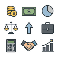 Pay Equity Icons. Flat icon set of pay equity: coin stack, dollar bill, pie chart, balance scale, upward arrow, briefcase,