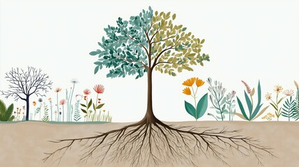This artwork depicts a vibrant tree with lush green leaves and extensive roots, representing strength and stability within a diverse ecosystem filled with colorful flowers and plants