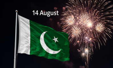 Pakistan Flag with "14 August" Text and Fireworks Display | Independence Day Celebration for National Holiday Marketing