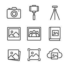 Photography Icon Set. Outline icon set of photography and memories: camera, selfie stick, tripod, photo frame, group portrait,