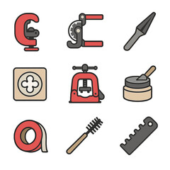 Pipe Tools Icon Set. Flat icon set of pipe installation tools: pipe cutter, tube bender, reamer, threading die, pipe vice,