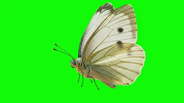 Pieris brassicae butterfly close-up on green screen for chroma keying and visual effects