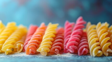 An eye-catching display of colorful fusilli pasta in yellow, red, and orange shades, perfect for food photography or culinary projects, showcasing vibrant ingredients in cooking.