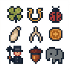 Obraz premium Pixel Art Lucky Charms. Pixel art icon set of good luck charms: four-leaf clover, horseshoe, ladybug, rabbit foot, wishbone, lucky