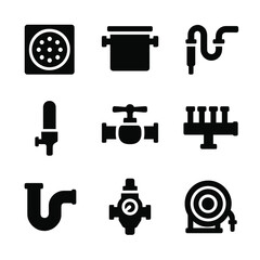 Plumbing Equipment Icons. Solid, Filled icon set of commercial plumbing equipment: floor drain, grease interceptor, backflow