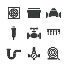 Plumbing Equipment Icons. Flat icon set of commercial plumbing equipment: floor drain, grease interceptor, backflow preventer,