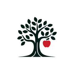 A stylized tree with numerous black leaves stands prominently, featuring a single red apple hanging from one branc
