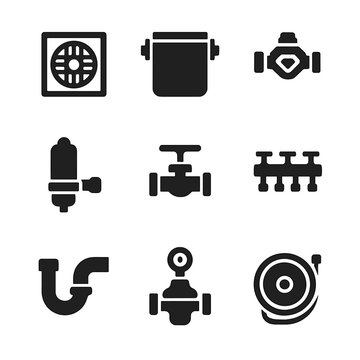 Plumbing Equipment Icons. Flat icon set of commercial plumbing equipment: floor drain, grease interceptor, backflow preventer,