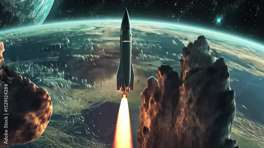 Poster rocket launch in space with earth as the backdrop during a clear celestial event, rocket launch on t