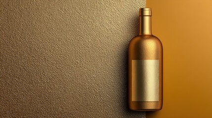 Golden bottle with blank label stands against a two-tone background.