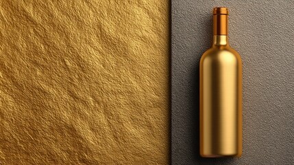 Golden wine bottle stands on a dark gray surface against a golden background.