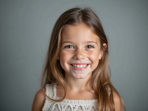 Cheerful girl smiles at the camera in a studio with a gray blurred background