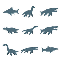 Prehistoric Marine Reptiles Icons. Flat icon set of prehistoric marine reptiles: ichthyosaurus, plesiosaurus, mosasaurus,