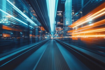 Naklejka premium A dynamic cityscape with light trails creating a sense of high-speed motion through an urban corridor at night.
