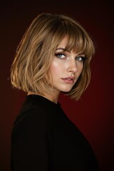 Stunning Blonde Woman with Bob Haircut and Bangs Portrait Photography