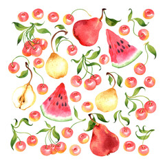 Watercolor fruit set with cherry, pear, watermelon on transparent background