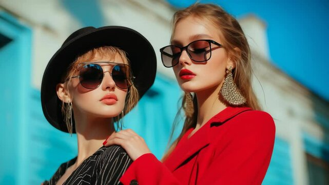 Stylish models posing in urban setting with trendy fashion and bold accessories