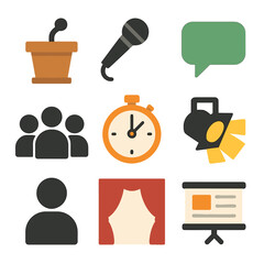 Public Speaking Icons. Flat icon set of public speaking: podium, microphone, audience silhouette, speech bubble, timer, spotlight,