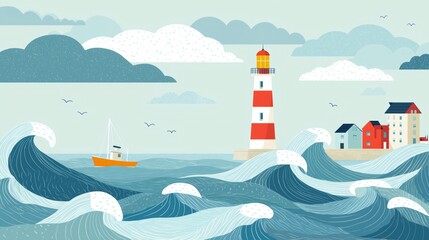Waves crash energetically against the shore near a red and white lighthouse, surrounded by quaint houses and a small sailboat navigating the waters, evoking coastal tranquility