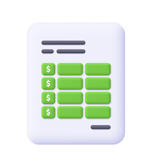 Financial spreadsheet document with dollar symbols. Business, finance, budgeting, accounting and tax concept. 3d vector icon. Cartoon minimal style.