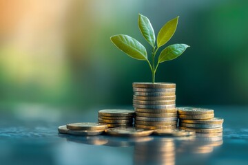 A small plant grows from stacks of coins symbolizing financial growth and investment in a green, natural environment.