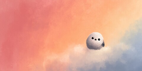Naklejka premium Charming chibi longtailed tit with big eyes in dreamy cloudy sky digital art serene environment whimsical viewpoint