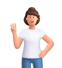 Young smiling woman Jane showing a three fingers gesture, number three. 3d vector people character. Cartoon minimal style.