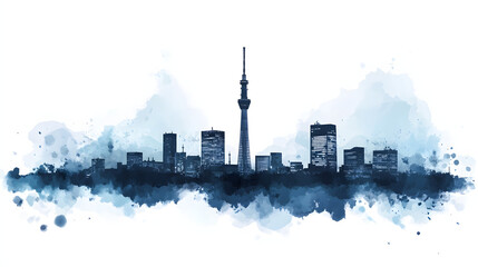 Obraz premium Illustration of Mirai Tower Nagoya City skyline in black and simple watercolor on abstract watercolor background. Watercolor painting background.