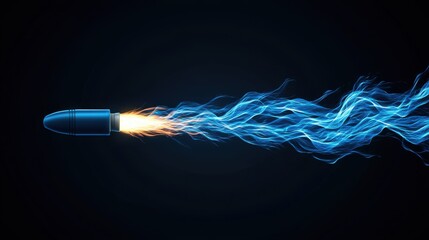 Blue Bullet Ejects Flames with Vibrant Energy on Dark Background