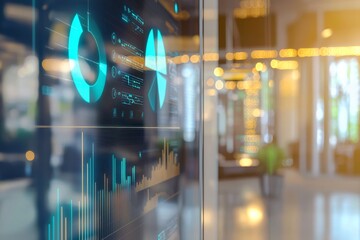 A digital screen displays colorful data visualizations, including pie charts and bar graphs, in a modern office setting with blurred background lighting.