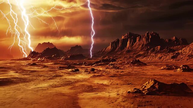 Mars landscape with intense dust storm and dramatic lightning striking the horizon, Mars Hostile Landscape With Dust Storm And Lightning