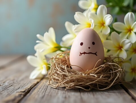 Easter egg on a wooden surface with flowers, natural and festive atmosphere