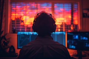 A silhouette of a person wearing headphones is working at multiple screens, immersed in their tasks while a stunning sunset creates a vibrant backdrop behind them.