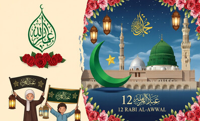 12 Rabi Al-Awwal Islamic Holiday Illustration for Social Media and Greeting Cards | Prophet Muhammad's Birthday Celebration with Mosque and Crescent Moon