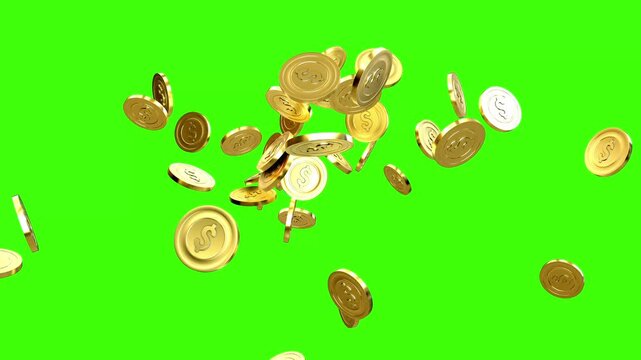 Golden dollar coins jumping up and down.
Falling gold coins on a Green background, 3d 4k animation dolor Coin Fountain of gold coins with dollar sign on green background. 3D Animation 4k .