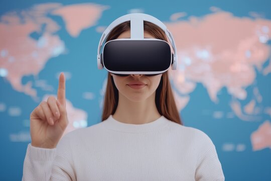 A woman wearing a virtual reality headset interacts with a digital interface, with a blurred world map in the background.