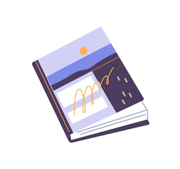 Icon of closed paper book, diary. Photo album with happy memories from travel. Notebook with photography, creative notepad with pictures, notes. Flat isolated vector illustration on white background