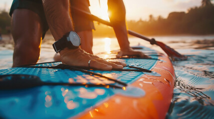 Obraz premium Close-up shots of hands adjusting equipment - paddleboard
