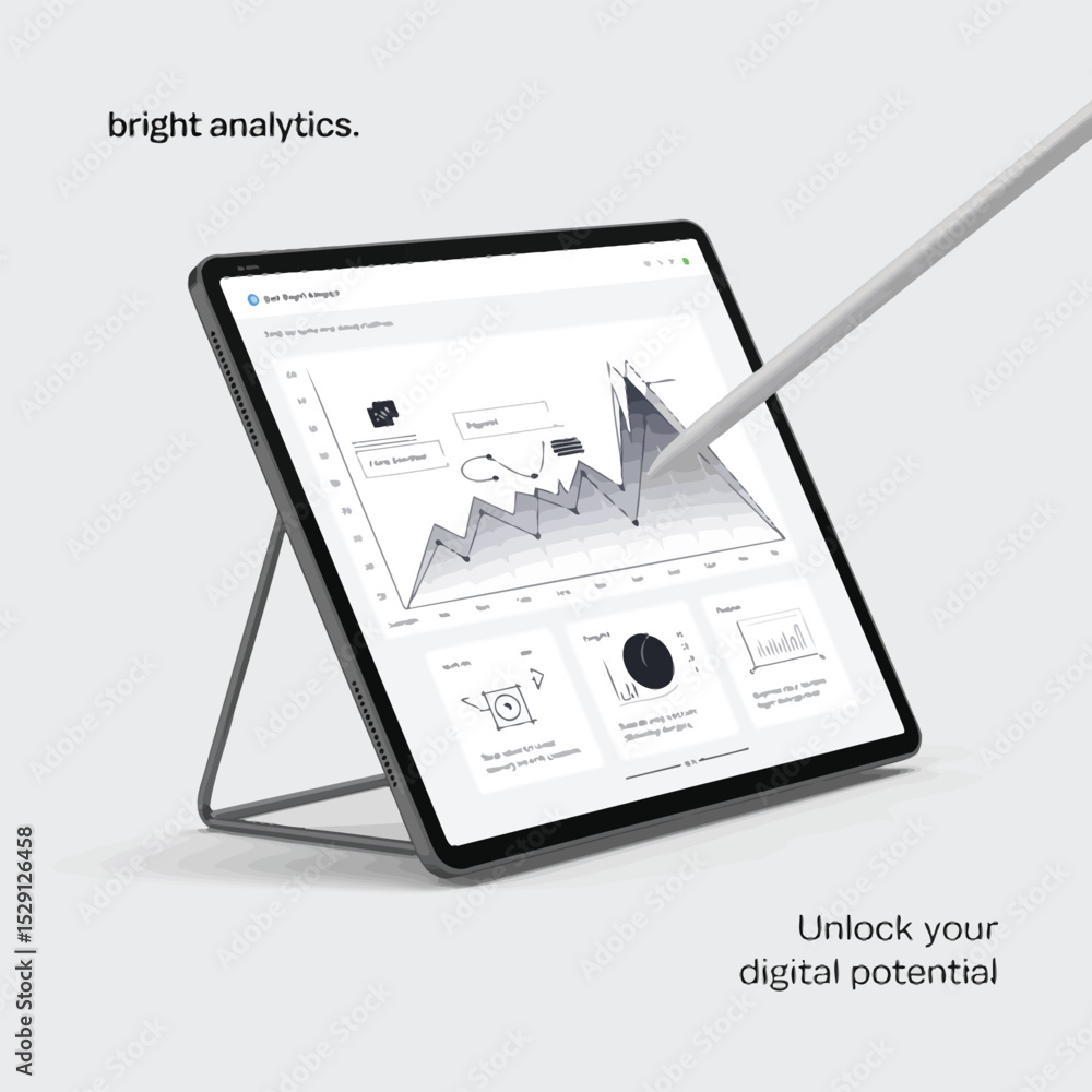 Poster modern tablet displaying business analytics data with stylus