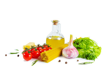 Ripe juicy tomatoes, spaghetti, cheese, salad, olive oil.  Italian cuisine.