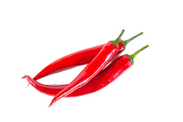 Three pods of red hot chili pepper. Isolated on white.