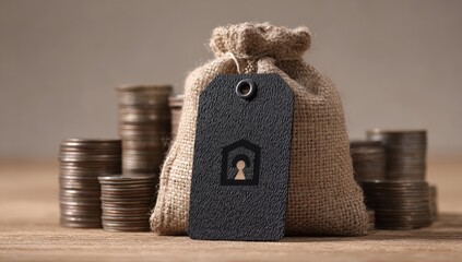 Beige Sack With Black Tag On Stack Of Coins